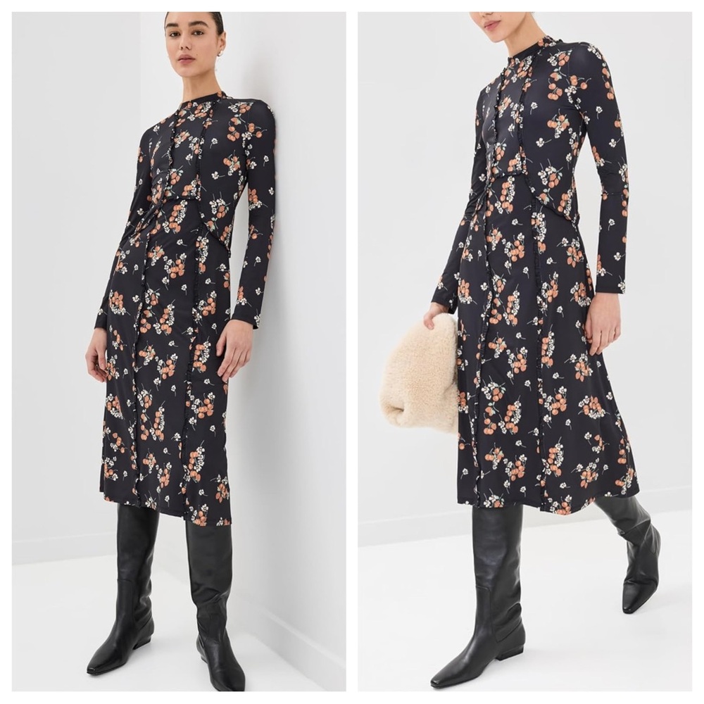 🆕 Sea New York CERISE Black Floral Print Midi Dress Long Sleeve XL Ruffle Moody